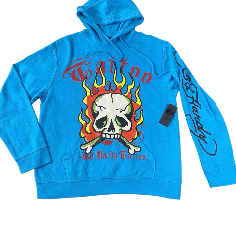 Ed Hardy Tattoo Pullover Sweatshirt Hoodie Baby Blue Skull Flames Men Size L NEW